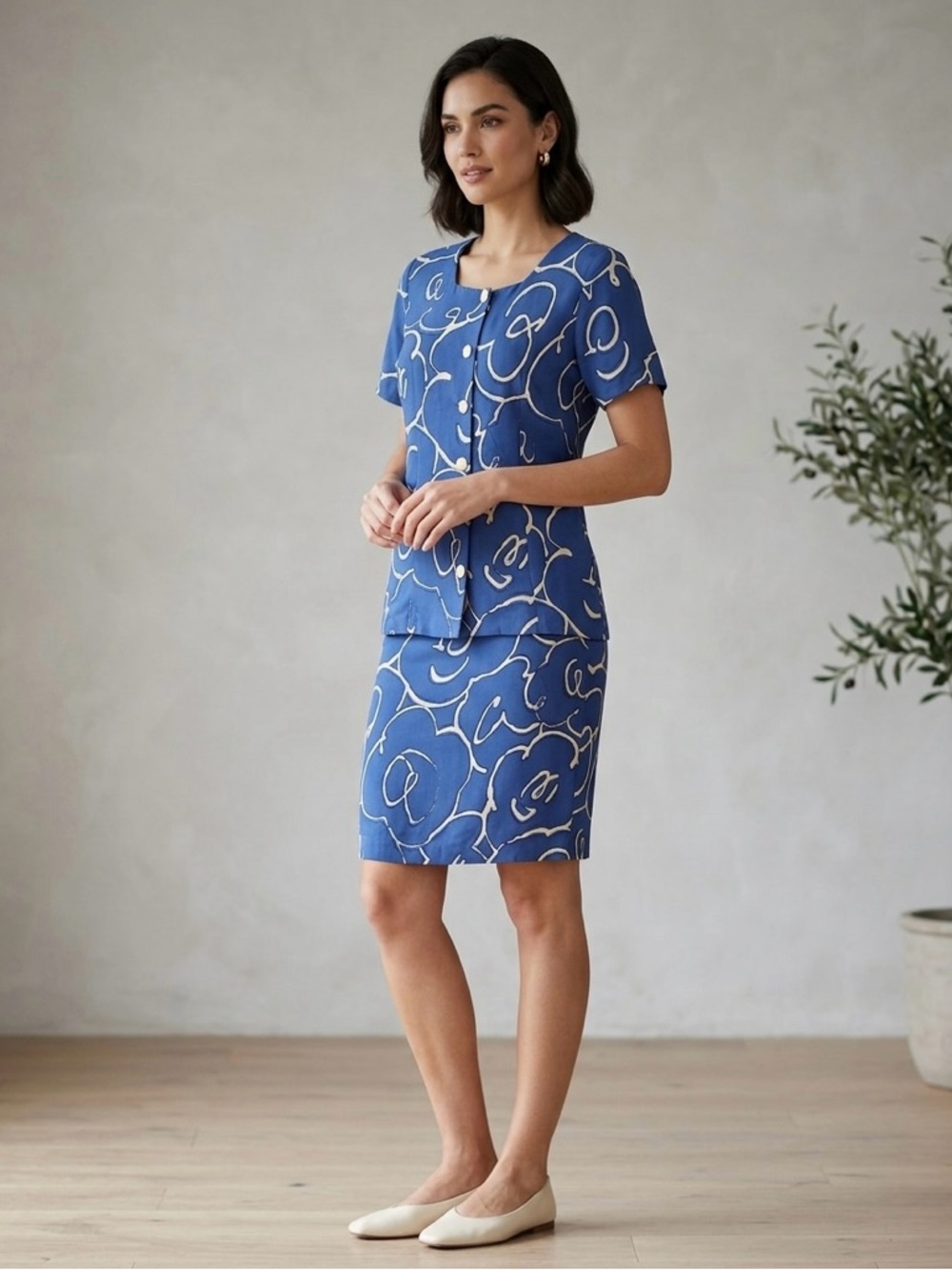 Blue Floral Two-Piece Skirt Set